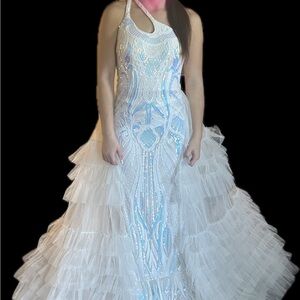 Jovani White Gown with Blue Beaded Accents